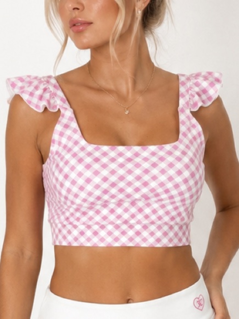 NWT Juicy Couture Sport Retro Pink Gingham Ruffle Sleeve Crop Top Sports Bra L